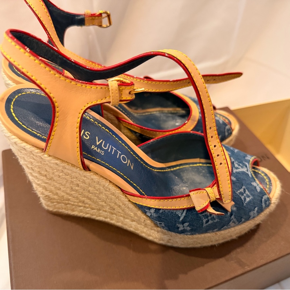 Louis Vuitton Denim and Tan Wedge Sandals - Picture 5 of 5